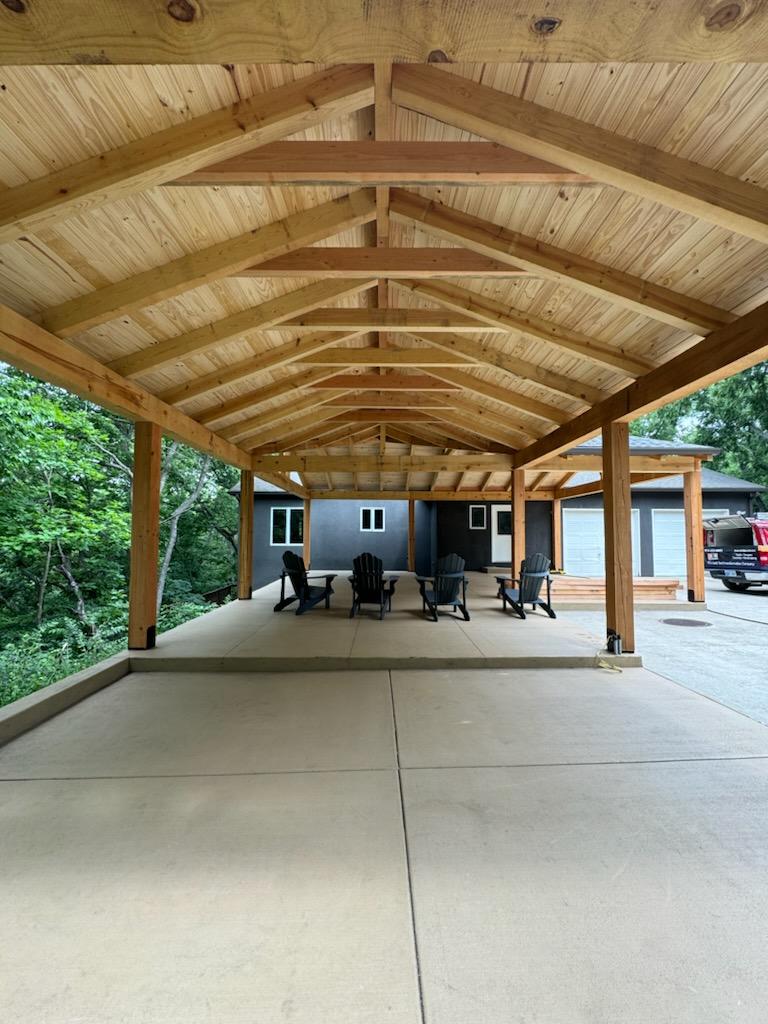 Timber frame pavilion ceiling with exposed rafters