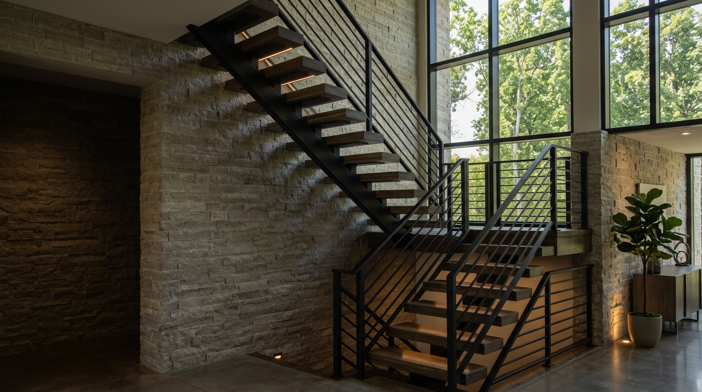 Floating white oak stair treads with steel stringers